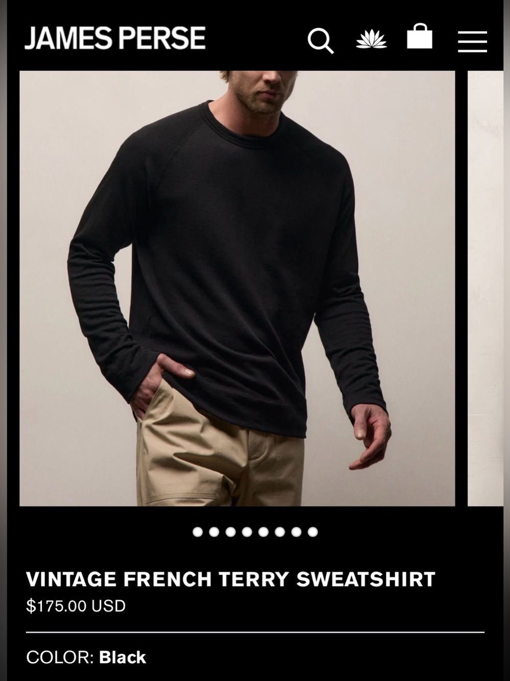 James Pearse Men’s Vintage French Terry Black Sweatshirt, Size 2